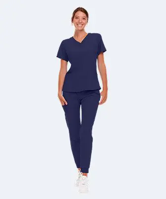 Wholesale women's navy v-neck short sleeve t-shirt and matching jogger pants set