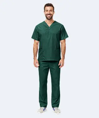 Wholesale men's dark green scrub set with v-neck top and straight-leg pants