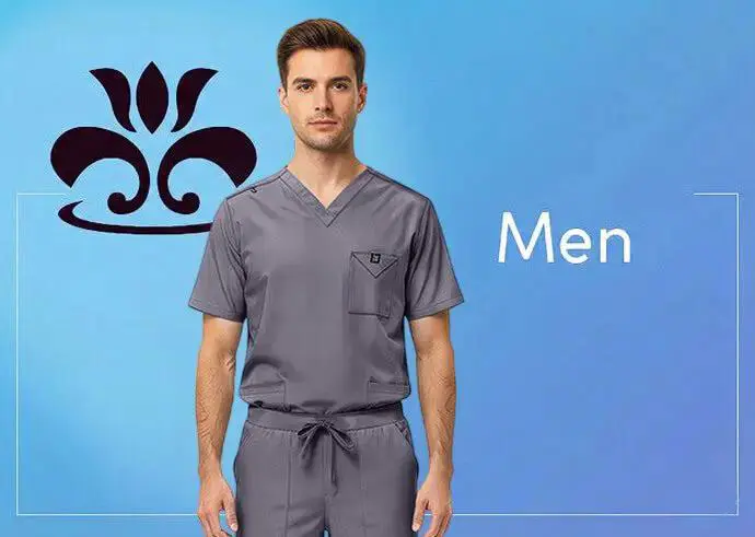Wholesale men's gray v-neck scrub top with short sleeves and front pocket