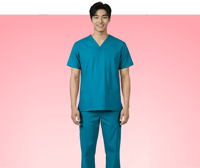 Wholesale men's teal v-neck scrub top and pants set