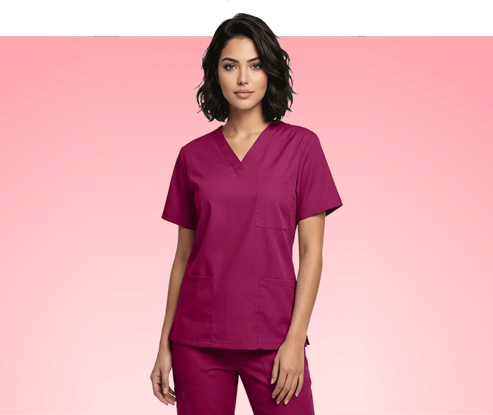 Wholesale women's burgundy v-neck scrub top with short sleeves and chest pocket
