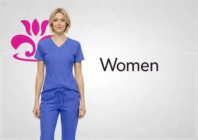 Wholesale women's blue scrub set with short-sleeve top and drawstring pants